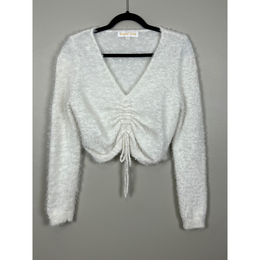 Sugar Moon White Fuzzy Knit Cropped Sweater V-Neck Cinched Drawstring Large